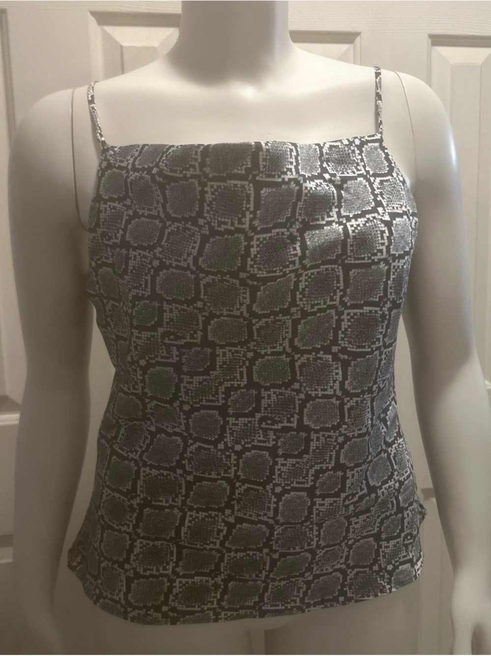 Gray Snake-Print Satin Cami with Square Neck